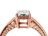 Rose gold Emerald Cut Cut Diamond Milgrain Pave Band Four-Prong Setting Ring_7