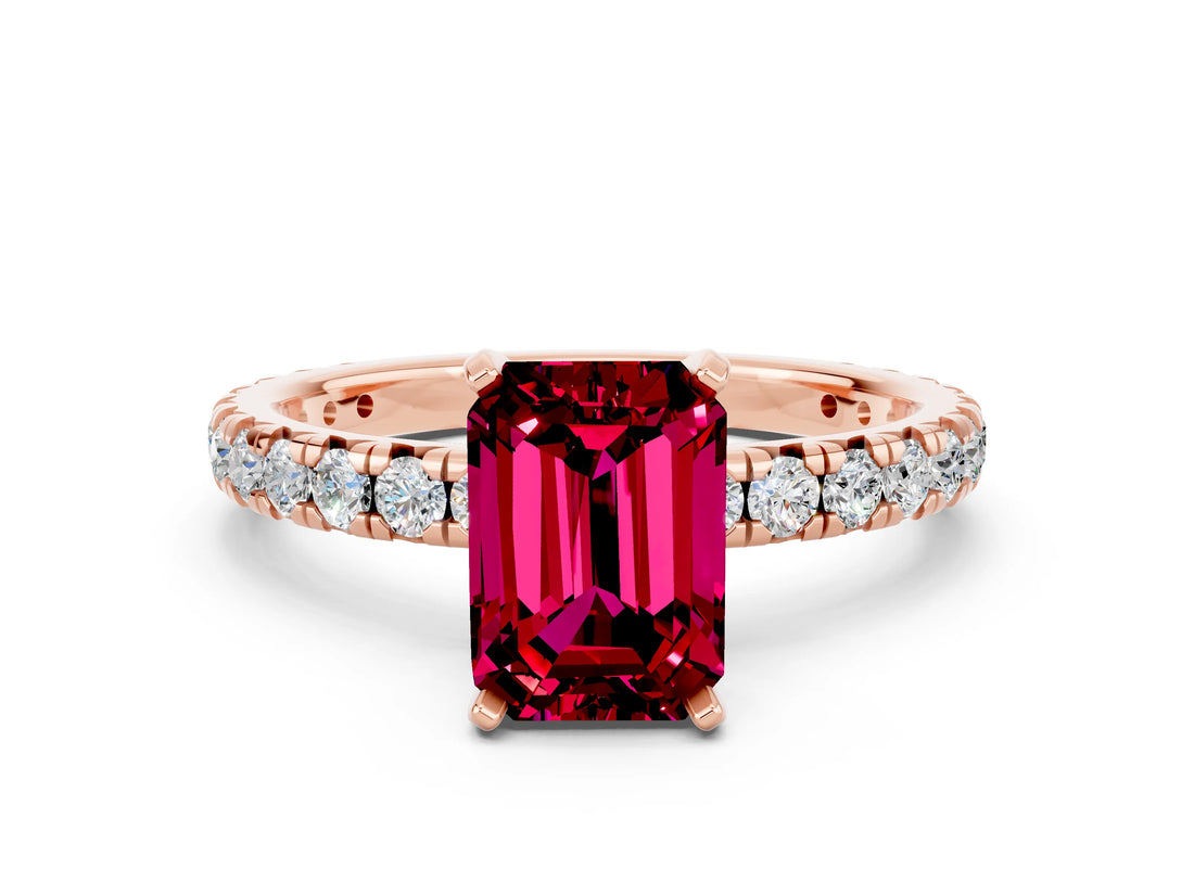 Rose gold Emerald Cut Cut Diamond Pavé Band with Four-Prong Setting