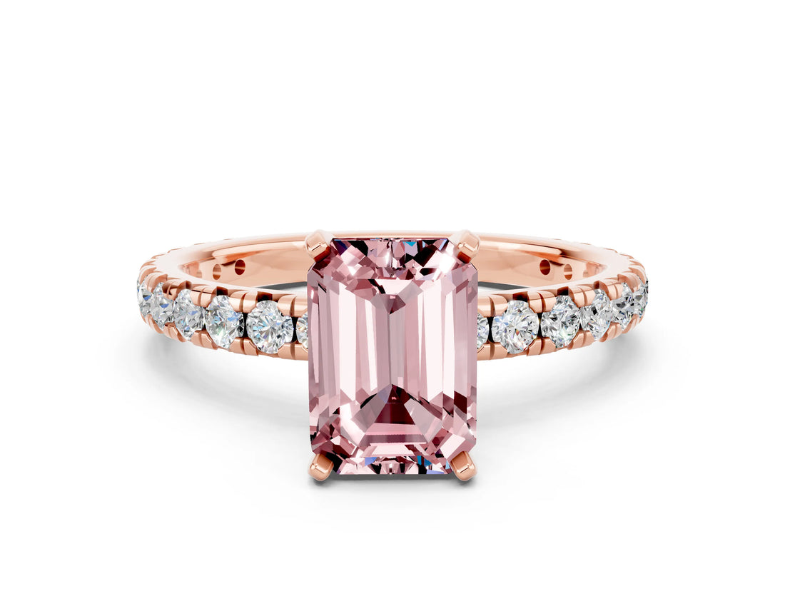 Rose gold Emerald Cut Cut Diamond Pavé Band with Four-Prong Setting