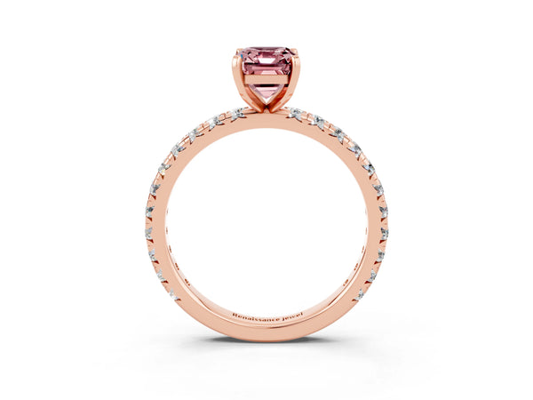 Rose gold Emerald Cut Cut Diamond Pavé Band with Four-Prong Setting