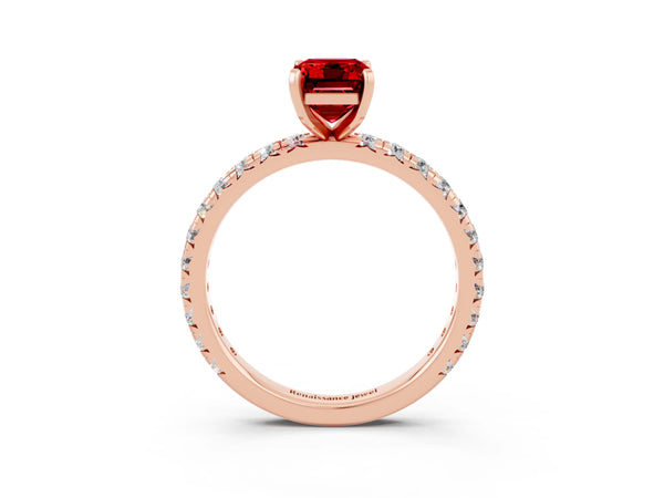 Rose gold Emerald Cut Cut Diamond Pavé Band with Four-Prong Setting
