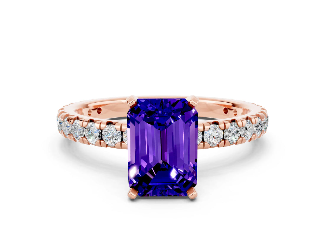 Rose gold Emerald Cut Cut Diamond Pavé Band with Four-Prong Setting
