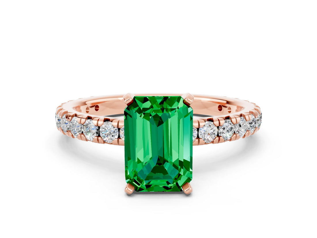 Rose gold Emerald Cut Cut Diamond Pavé Band with Four-Prong Setting