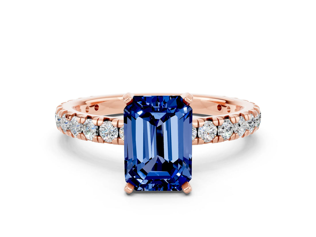 Rose gold Emerald Cut Cut Diamond Pavé Band with Four-Prong Setting