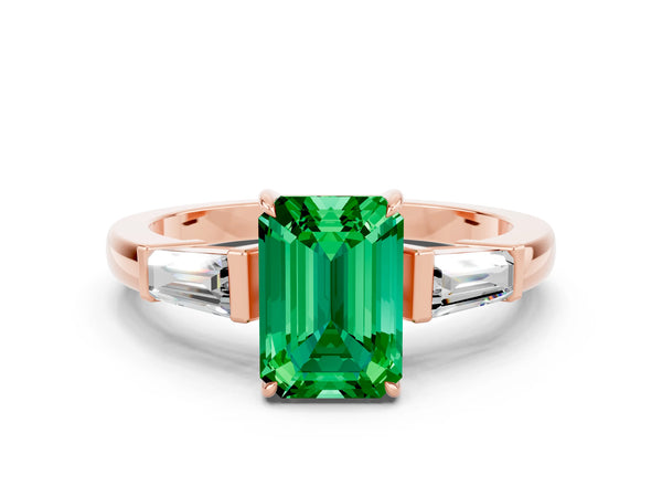 Rose gold Emerald Cut Emerald Three-Stone Ring with Tapered Baguette Side Stones and Prong Setting