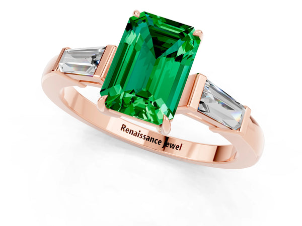 Rose gold Emerald Cut Emerald Three-Stone Ring with Tapered Baguette Side Stones and Prong Setting