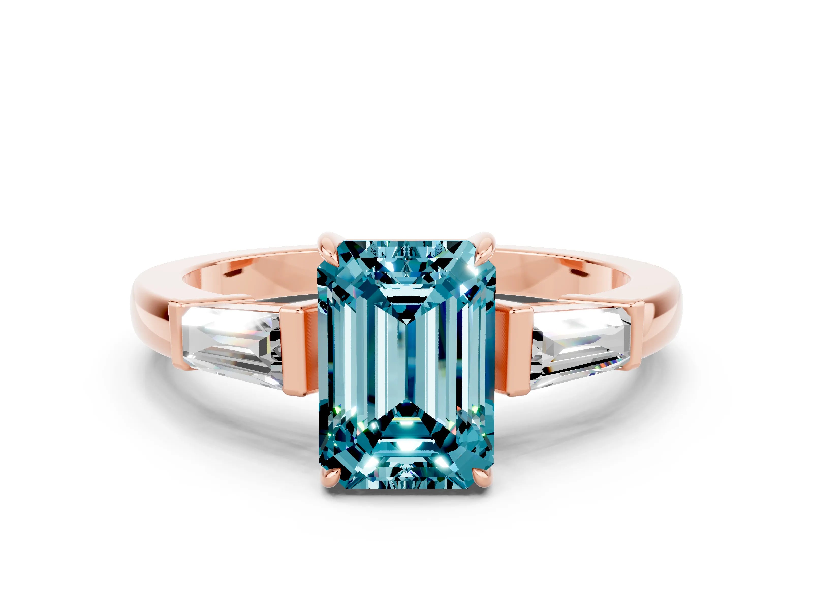 Rose gold Emerald Cut Cut Diamond Ring with Tapered Baguette Side Stones in Four-Prong Setting