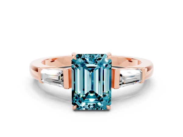 Rose gold Emerald Cut Cut Diamond Ring with Tapered Baguette Side Stones in Four-Prong Setting