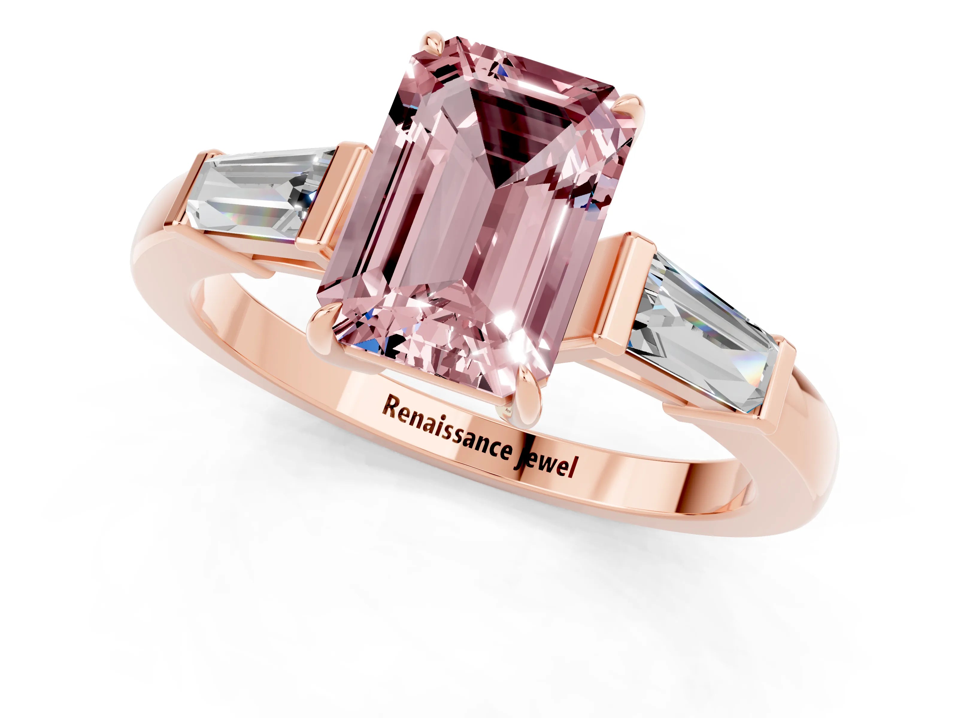 Rose gold Emerald Cut Cut Diamond Ring with Tapered Baguette Side Stones in Four-Prong Setting_1