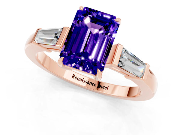 Rose gold Emerald Cut Tanzanite Three-Stone Ring with Tapered Baguette Side Stones and Prong Setting