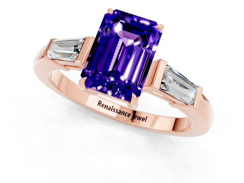 Rose gold Emerald Cut Cut Diamond Ring with Tapered Baguette Side Stones in Four-Prong Setting_1