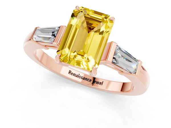 Rose gold Emerald Cut Yellow Sapphire Three-Stone Ring with Tapered Baguette Side Stones and Prong Setting