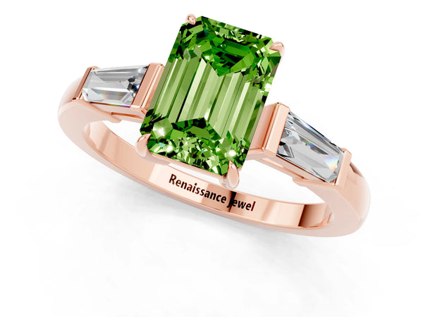 Rose gold Emerald Cut Cut Diamond Ring with Tapered Baguette Side Stones in Four-Prong Setting