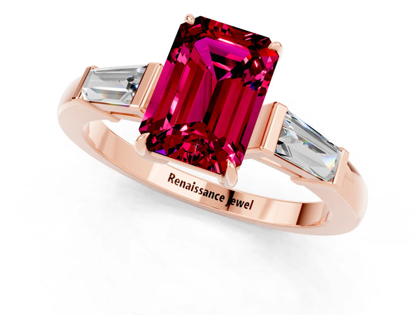Rose gold Emerald Cut Garnet Three-Stone Ring with Tapered Baguette Side Stones and Prong Setting
