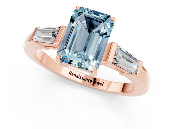 Rose gold Emerald Cut Aquamarine Three-Stone Ring with Tapered Baguette Side Stones and Prong Setting