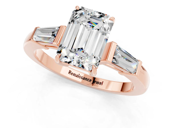 Rose gold Emerald Cut Moissanite Three-Stone Ring with Tapered Baguette Side Stones and Prong Setting