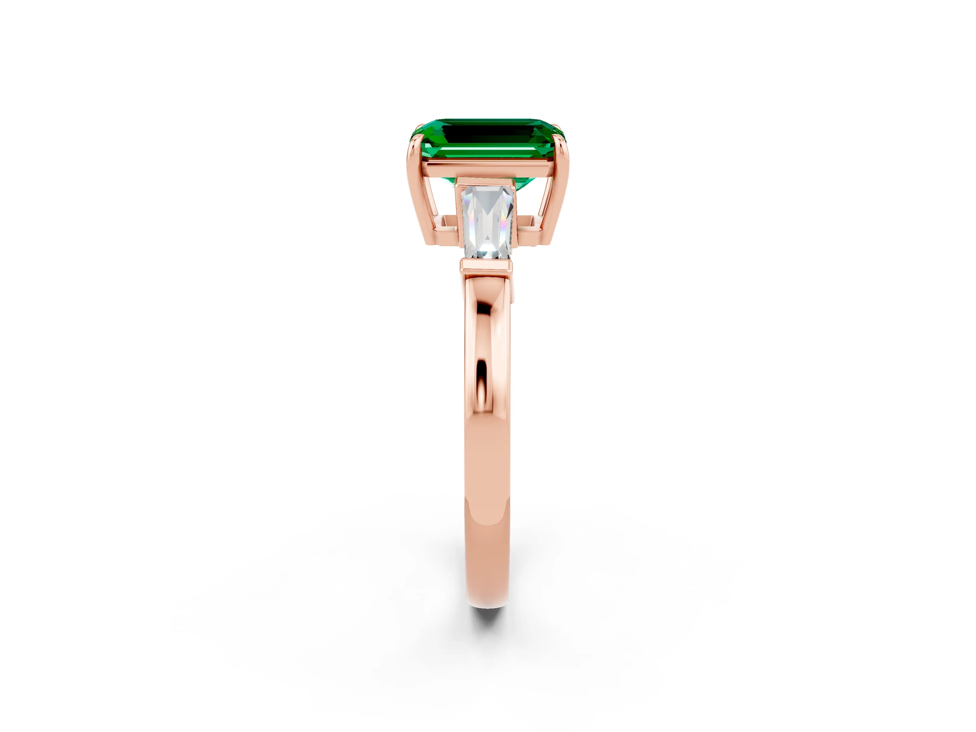 Rose gold Emerald Cut Cut Diamond Ring with Tapered Baguette Side Stones in Four-Prong Setting_2