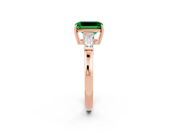 Rose gold Emerald Cut Emerald Three-Stone Ring with Tapered Baguette Side Stones and Prong Setting