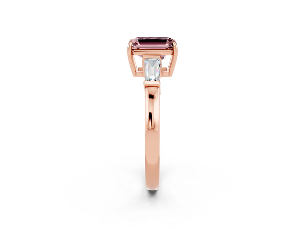 Rose gold Emerald Cut Cut Diamond Ring with Tapered Baguette Side Stones in Four-Prong Setting