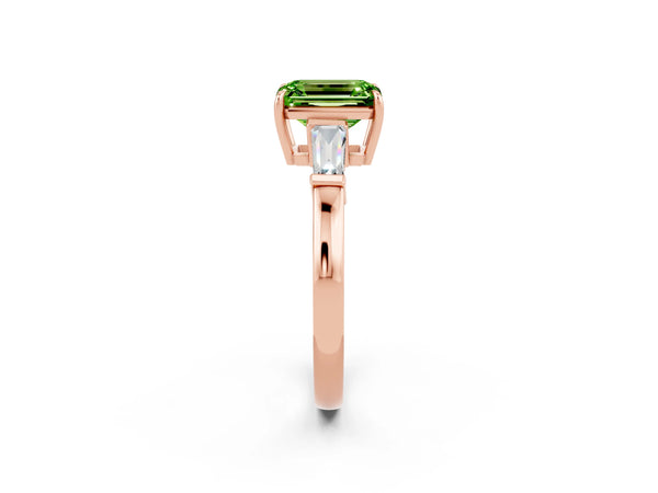 Rose gold Emerald Cut Cut Diamond Ring with Tapered Baguette Side Stones in Four-Prong Setting
