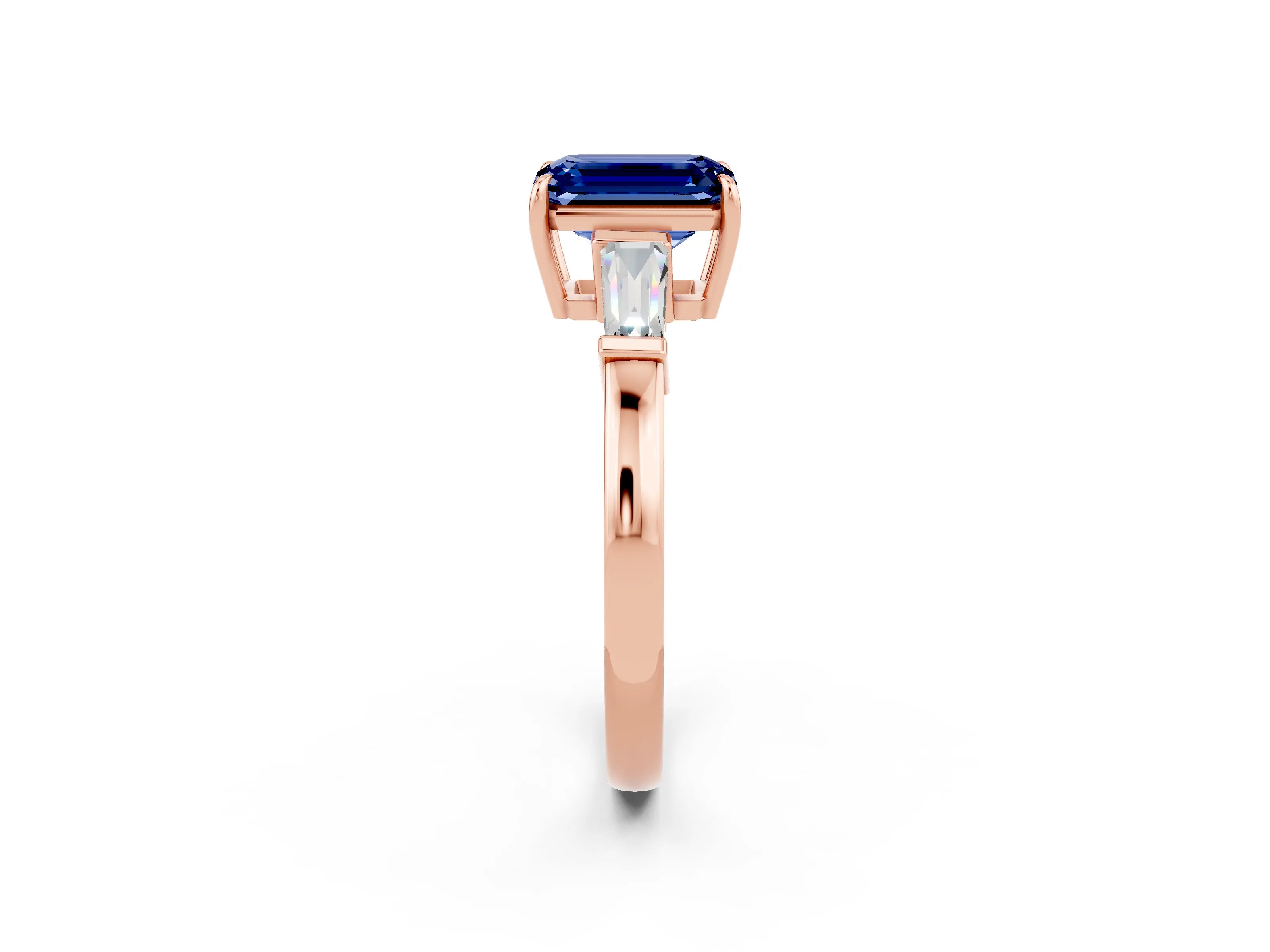 Rose gold Emerald Cut Cut Diamond Ring with Tapered Baguette Side Stones in Four-Prong Setting_2
