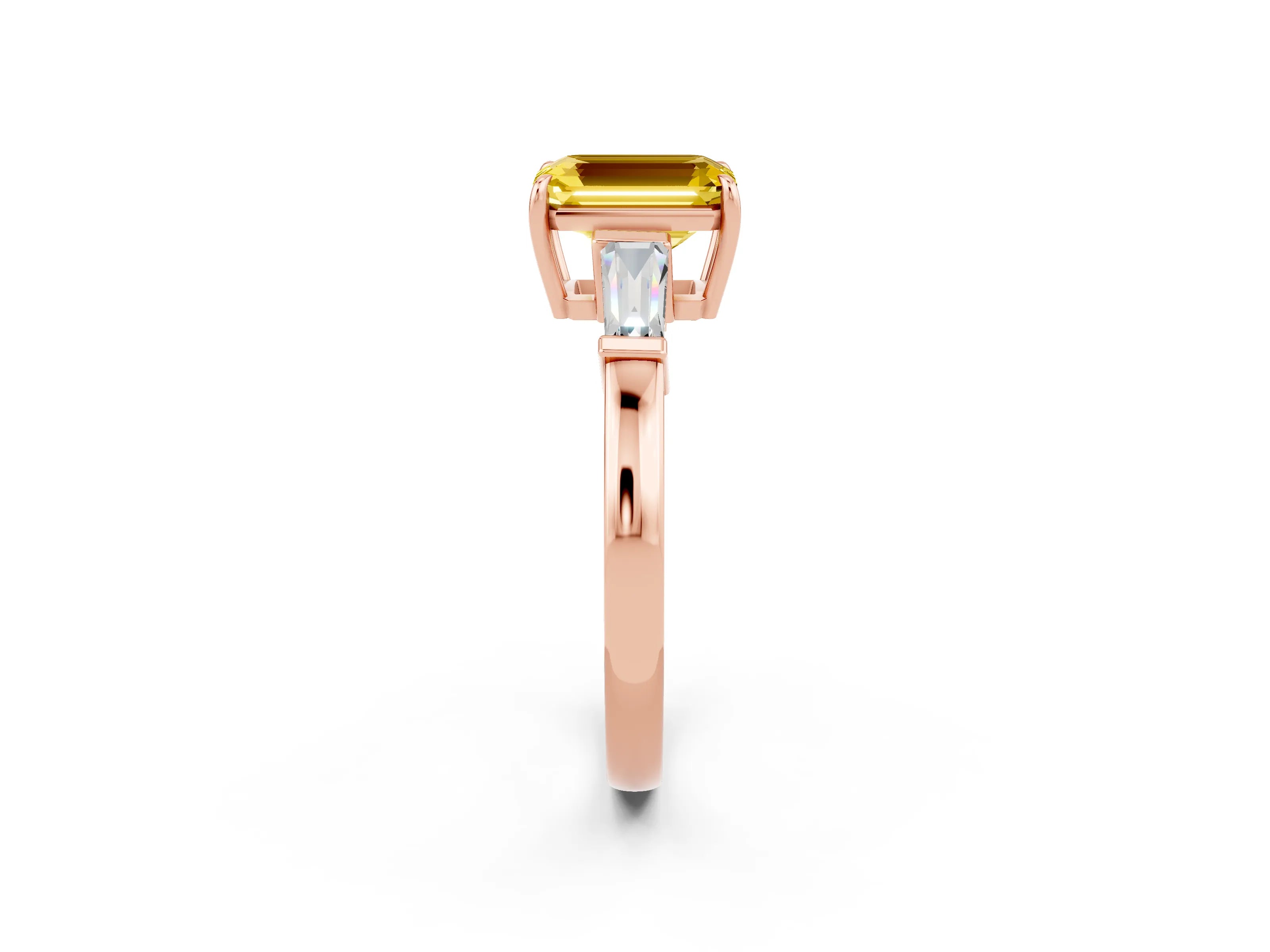 Rose gold Emerald Cut Cut Diamond Ring with Tapered Baguette Side Stones in Four-Prong Setting_2