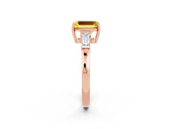 Rose gold Emerald Cut Yellow Sapphire Three-Stone Ring with Tapered Baguette Side Stones and Prong Setting