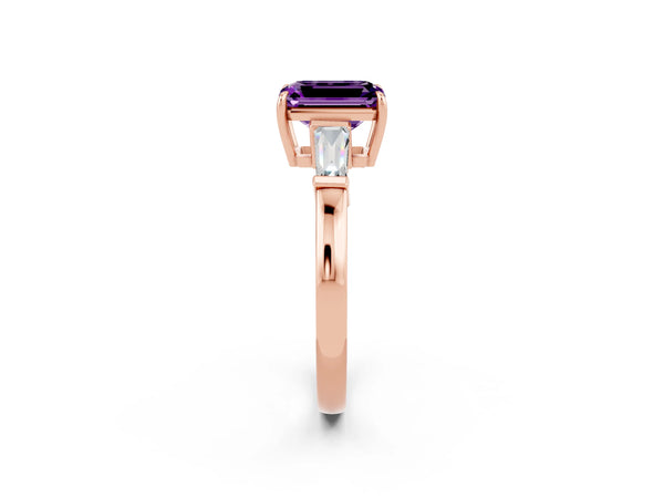 Rose gold Emerald Cut Amethyst Three-Stone Ring with Tapered Baguette Side Stones and Prong Setting