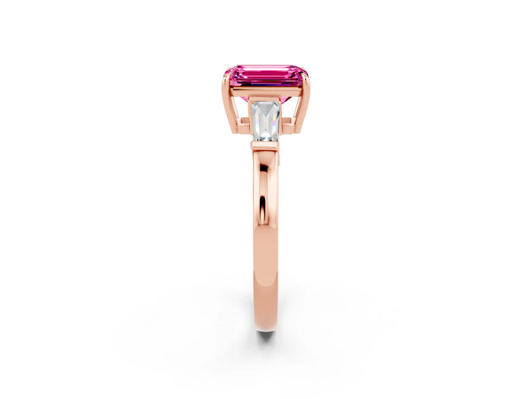 Rose gold Emerald Cut Pink Sapphire Three-Stone Ring with Tapered Baguette Side Stones and Prong Setting