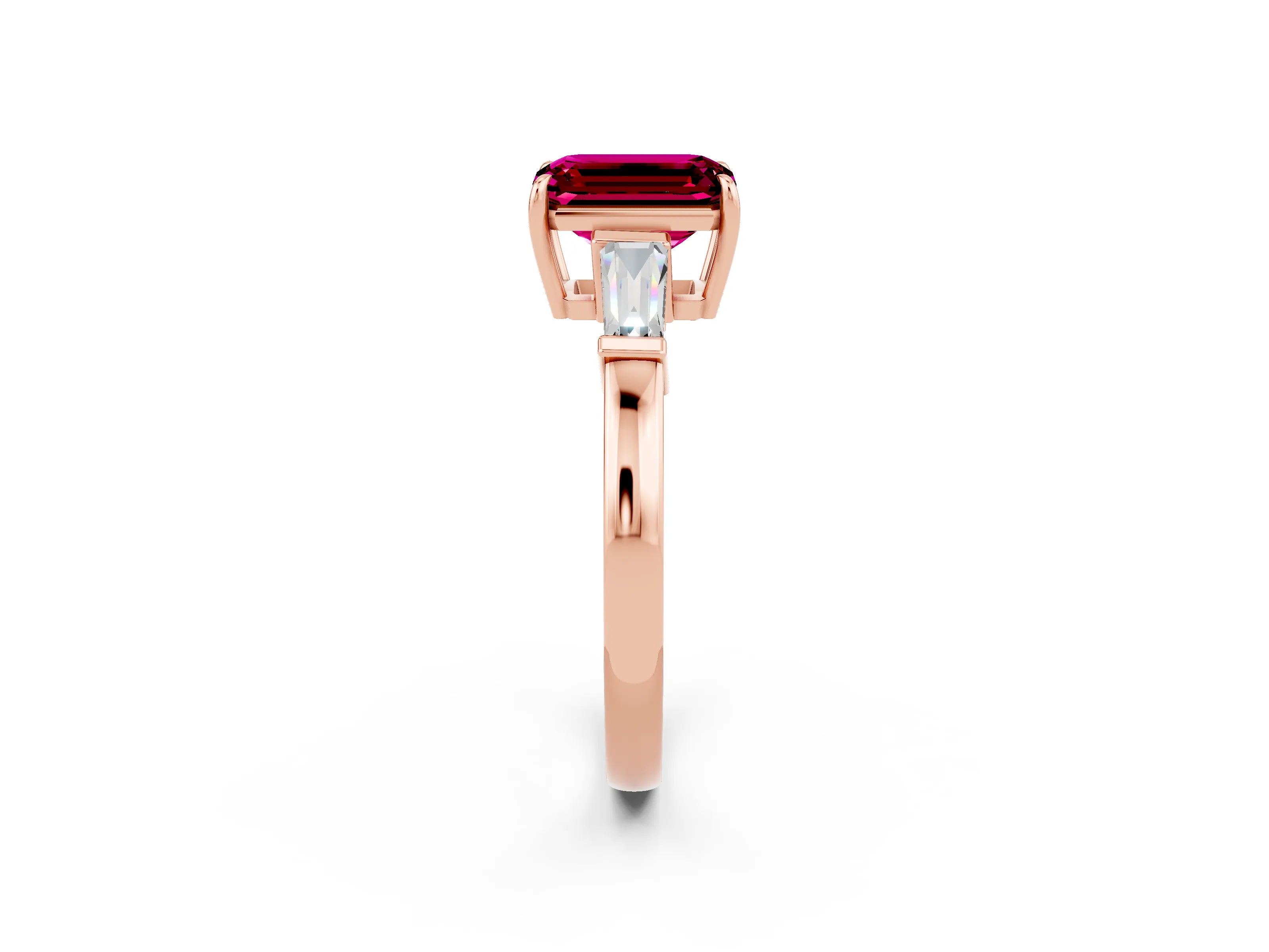 Rose gold Emerald Cut Cut Diamond Ring with Tapered Baguette Side Stones in Four-Prong Setting_2