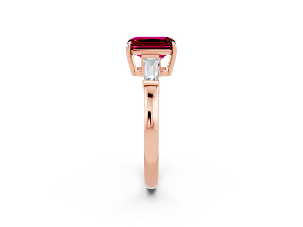 Rose gold Emerald Cut Garnet Three-Stone Ring with Tapered Baguette Side Stones and Prong Setting