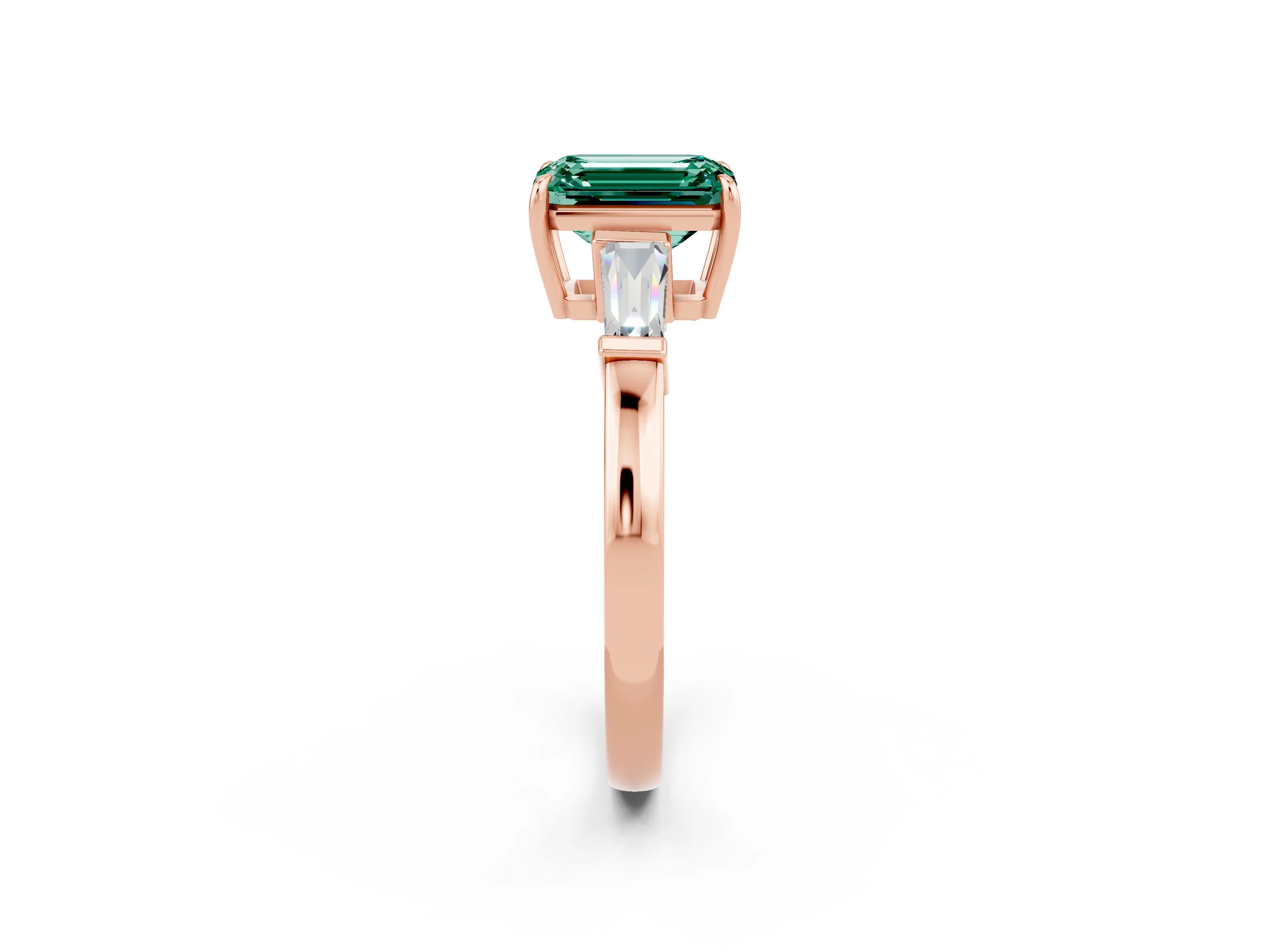 Rose gold Emerald Cut Cut Diamond Ring with Tapered Baguette Side Stones in Four-Prong Setting_2
