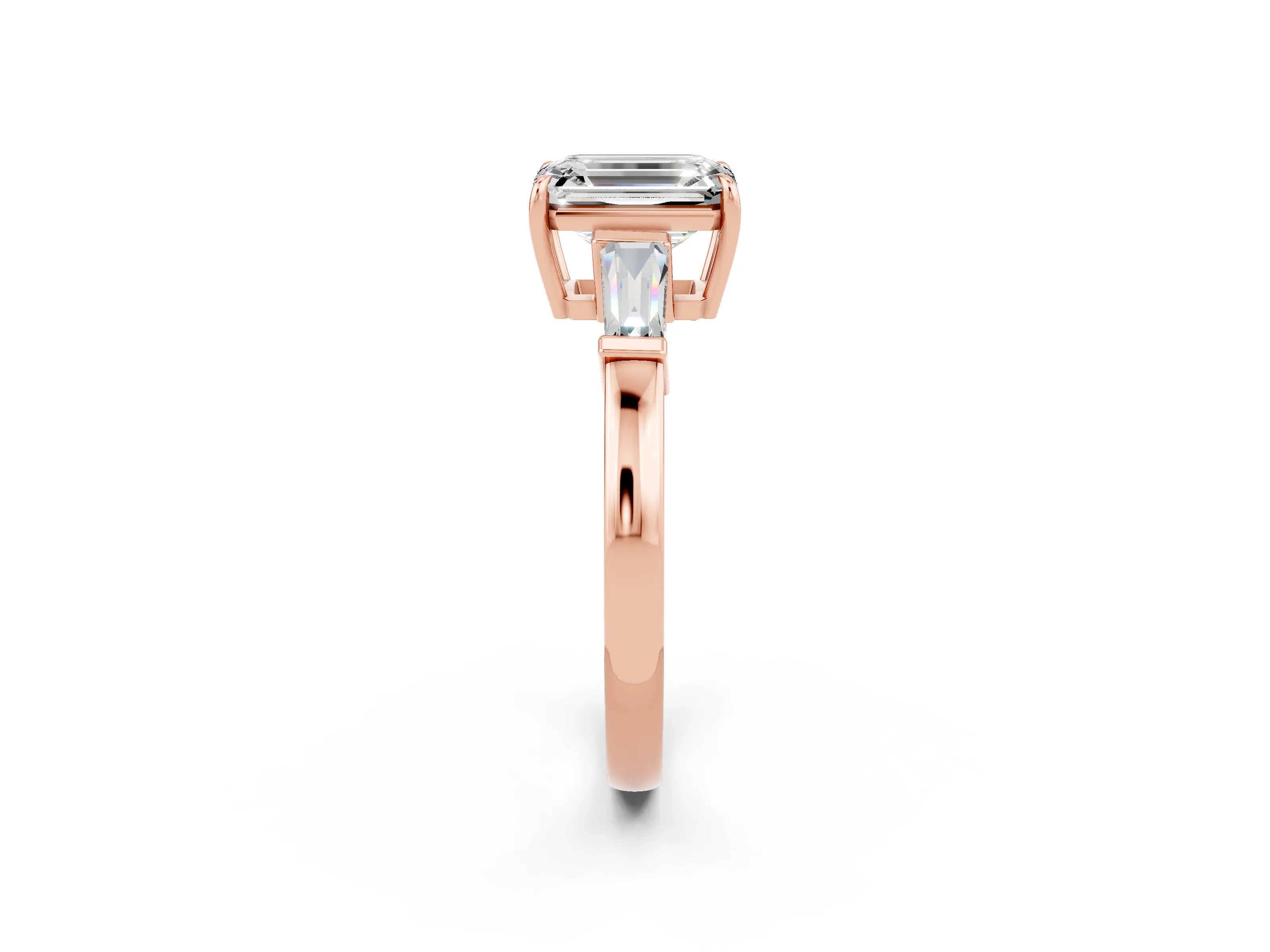 Rose gold Emerald Cut Cut Diamond Ring with Tapered Baguette Side Stones in Four-Prong Setting_2