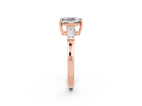 Rose gold Emerald Cut Moissanite Three-Stone Ring with Tapered Baguette Side Stones and Prong Setting