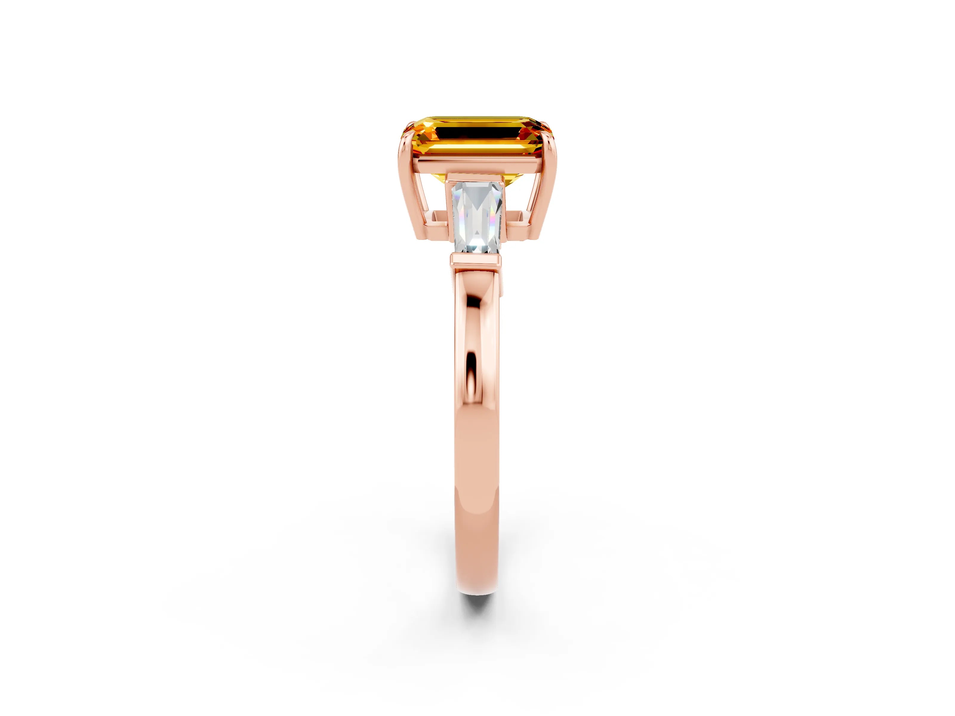 Rose gold Emerald Cut Cut Diamond Ring with Tapered Baguette Side Stones in Four-Prong Setting_2