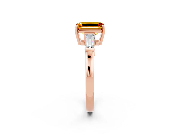 Rose gold Emerald Cut Citrine Three-Stone Ring with Tapered Baguette Side Stones and Prong Setting