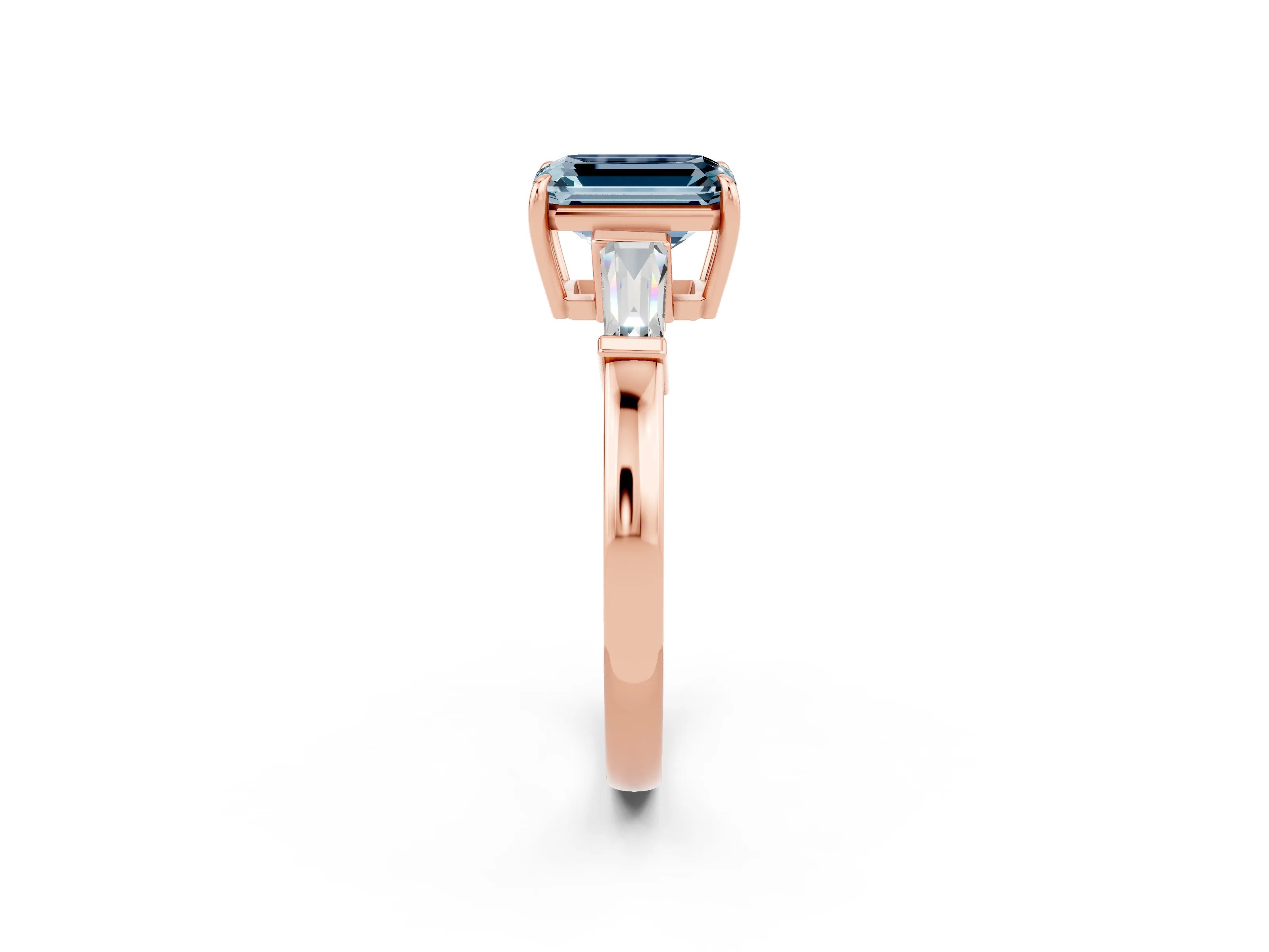 Rose gold Emerald Cut Cut Diamond Ring with Tapered Baguette Side Stones in Four-Prong Setting_2