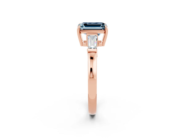 Rose gold Emerald Cut Aquamarine Three-Stone Ring with Tapered Baguette Side Stones and Prong Setting
