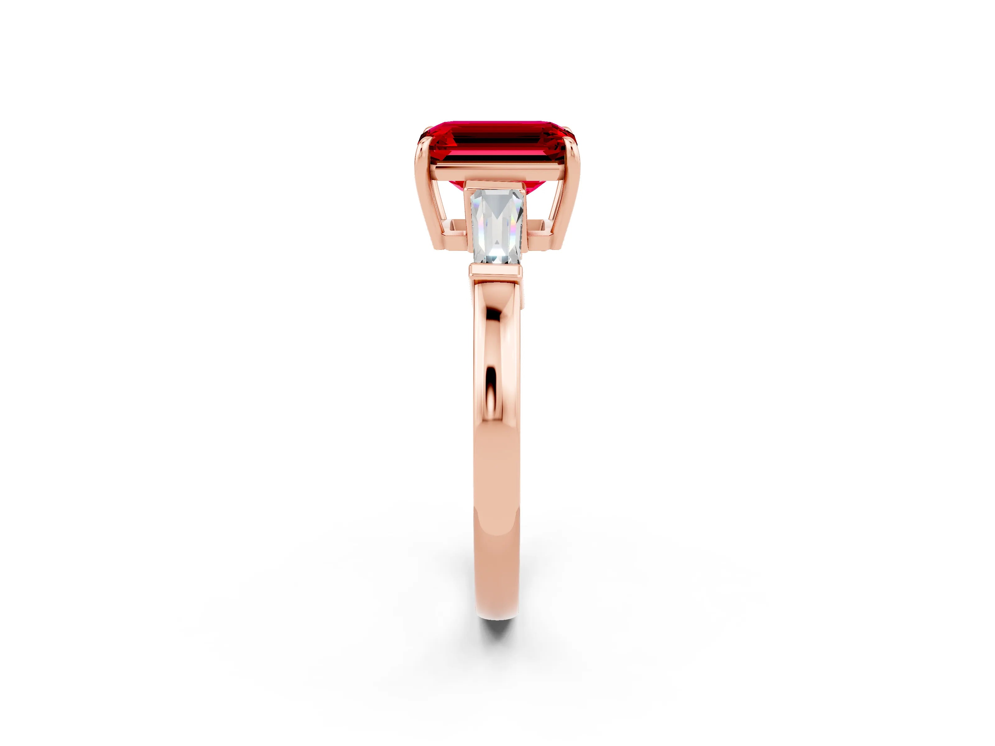 Rose gold Emerald Cut Cut Diamond Ring with Tapered Baguette Side Stones in Four-Prong Setting_2