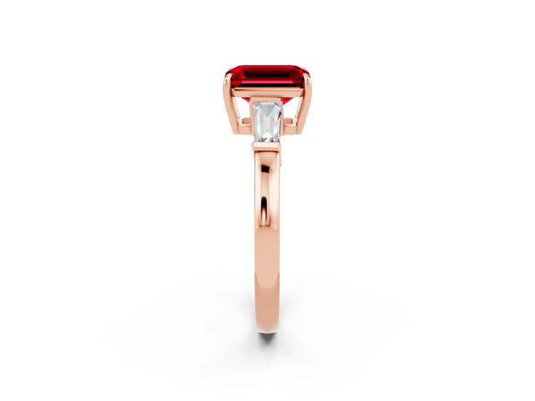 Rose gold Emerald Cut Cut Diamond Ring with Tapered Baguette Side Stones in Four-Prong Setting