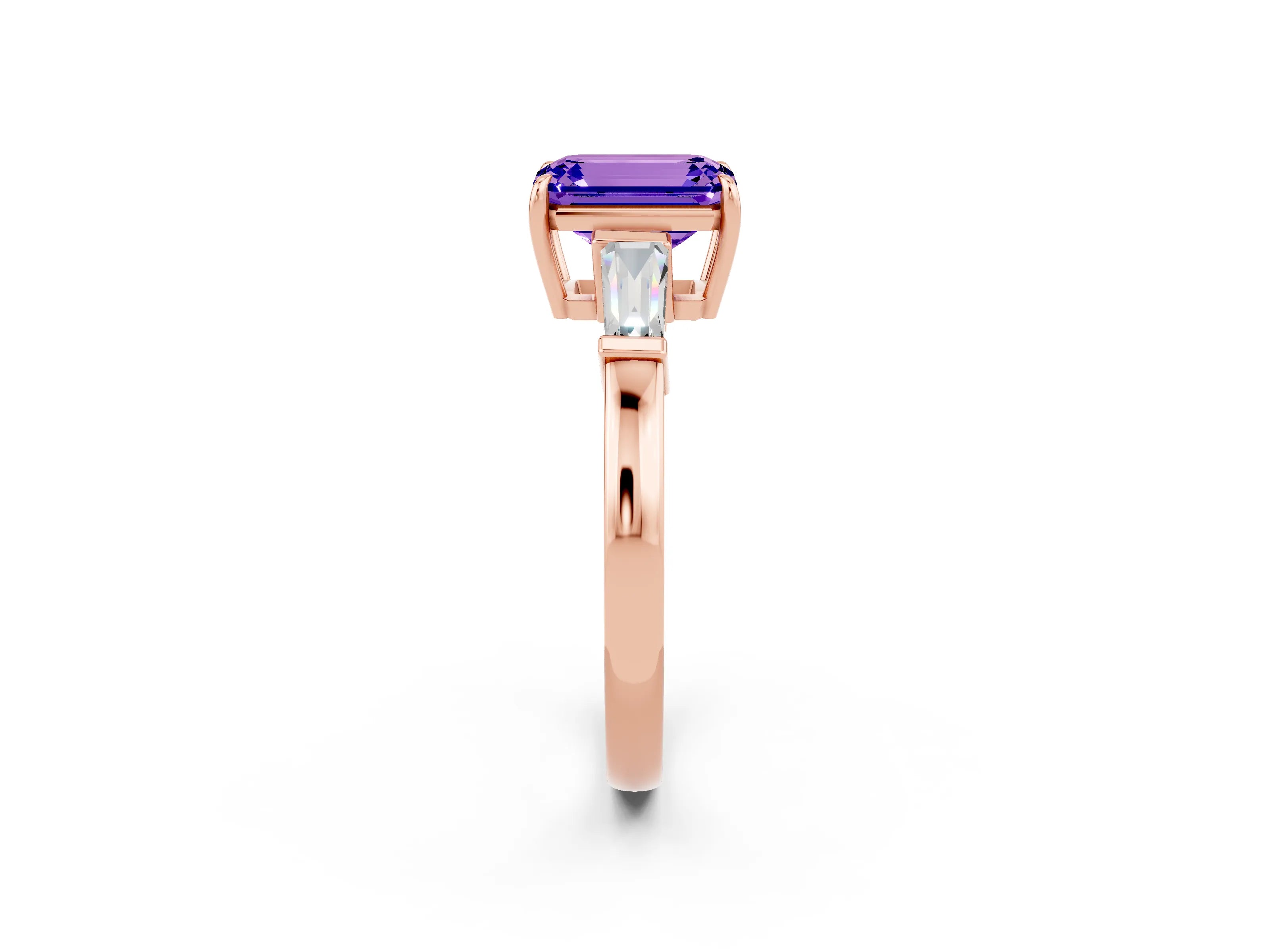 Rose gold Emerald Cut Cut Diamond Ring with Tapered Baguette Side Stones in Four-Prong Setting_2