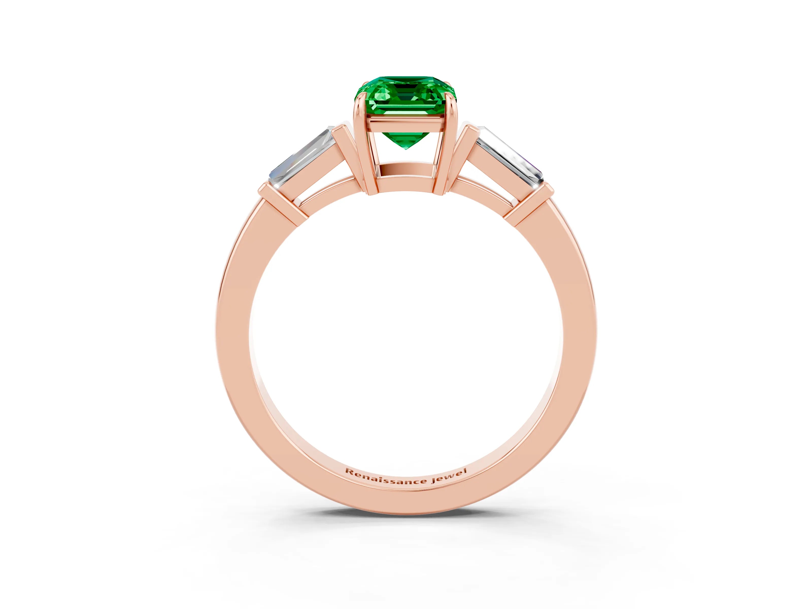 Rose gold Emerald Cut Cut Diamond Ring with Tapered Baguette Side Stones in Four-Prong Setting_3