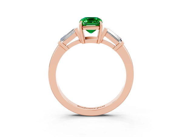 Rose gold Emerald Cut Emerald Three-Stone Ring with Tapered Baguette Side Stones and Prong Setting