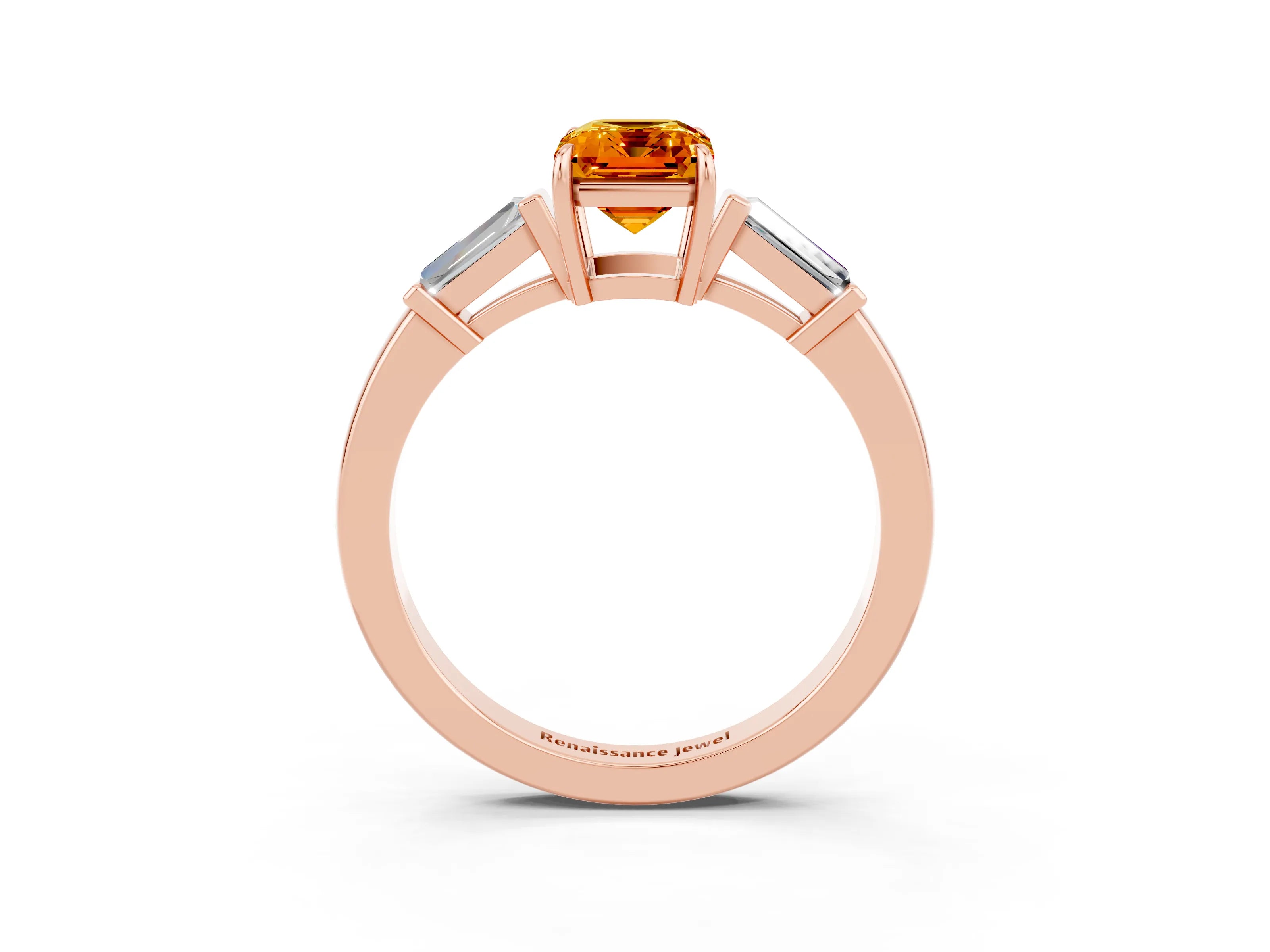 Rose gold Emerald Cut Cut Diamond Ring with Tapered Baguette Side Stones in Four-Prong Setting_3
