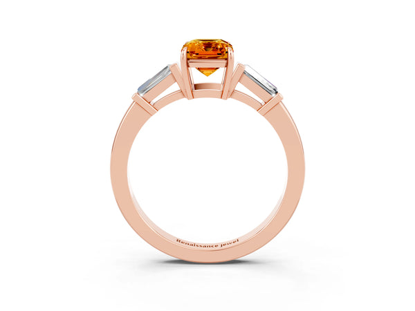 Rose gold Emerald Cut Citrine Three-Stone Ring with Tapered Baguette Side Stones and Prong Setting