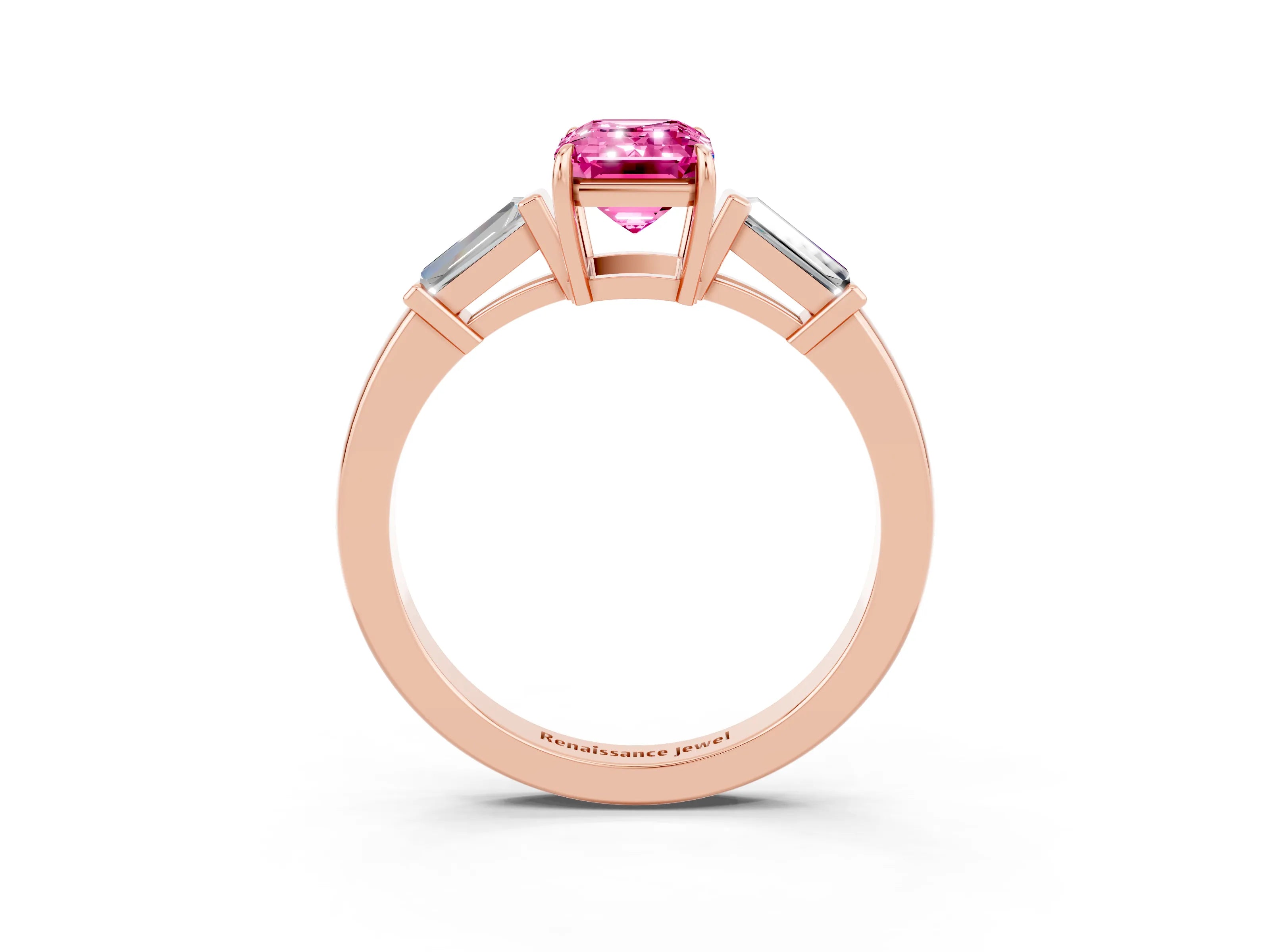 Rose gold Emerald Cut Cut Diamond Ring with Tapered Baguette Side Stones in Four-Prong Setting_3
