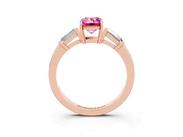 Rose gold Emerald Cut Pink Sapphire Three-Stone Ring with Tapered Baguette Side Stones and Prong Setting