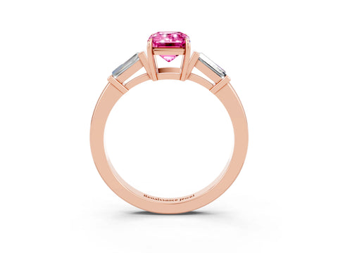 Rose gold Emerald Cut Cut Diamond Ring with Tapered Baguette Side Stones in Four-Prong Setting_3