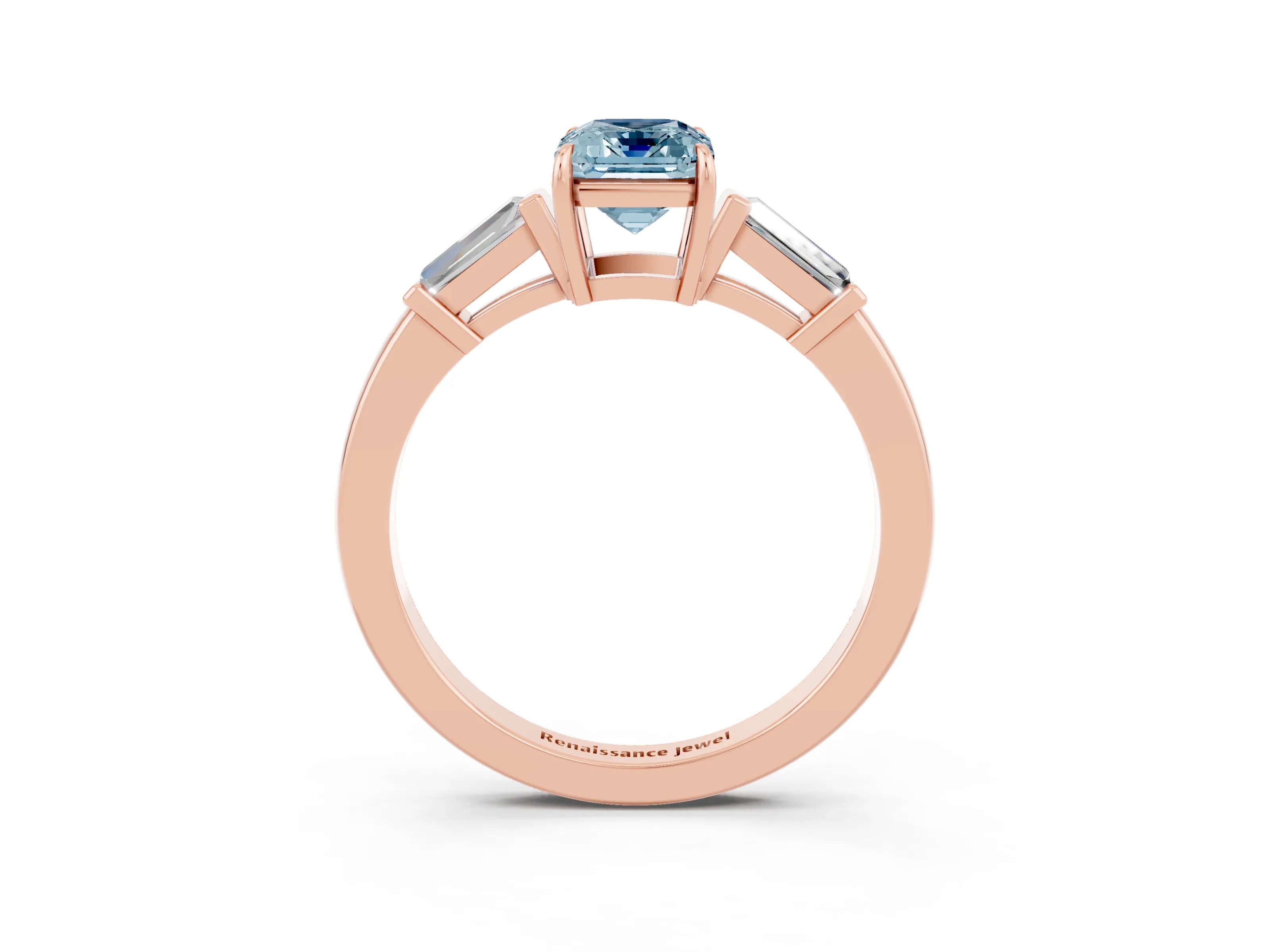 Rose gold Emerald Cut Cut Diamond Ring with Tapered Baguette Side Stones in Four-Prong Setting_3