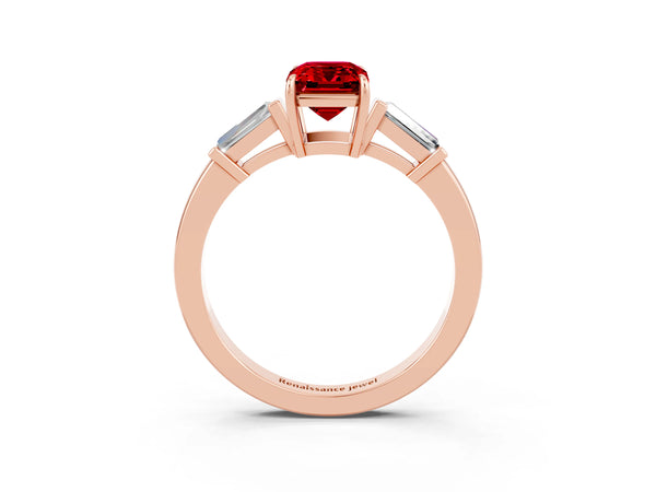 Rose gold Emerald Cut Cut Diamond Ring with Tapered Baguette Side Stones in Four-Prong Setting